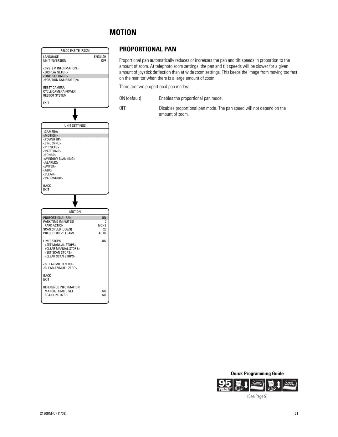 Pelco C1300M-C (11/08) manual Motion, Proportional PAN, There are two proportional pan modes On default, Amount of zoom 