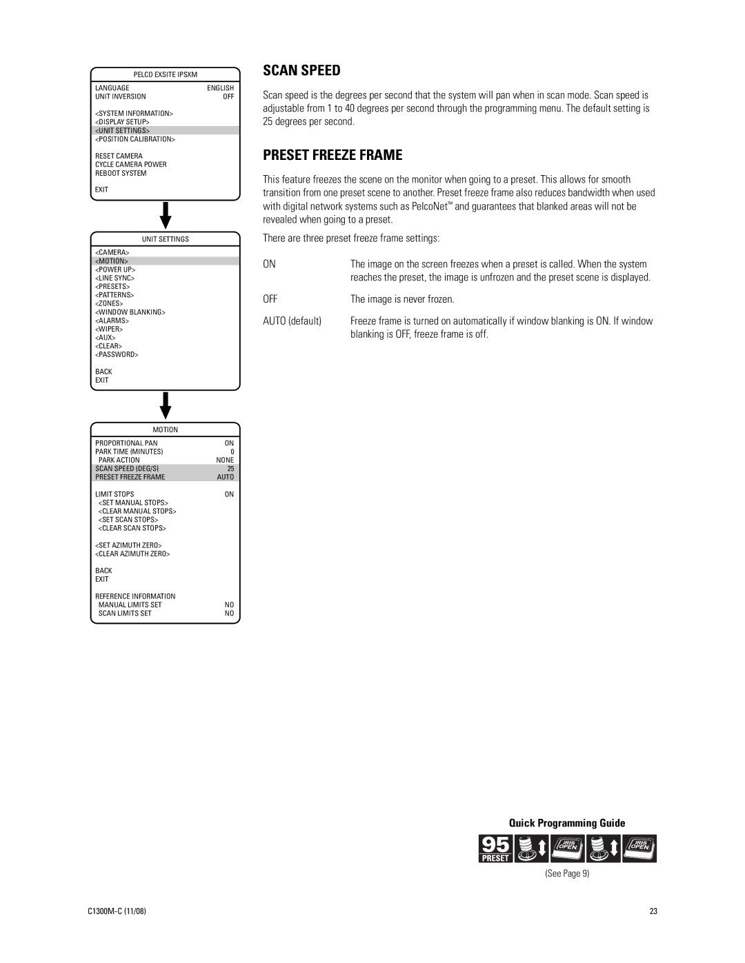 Pelco C1300M-C (11/08) manual Scan Speed, Preset Freeze Frame, There are three preset freeze frame settings 