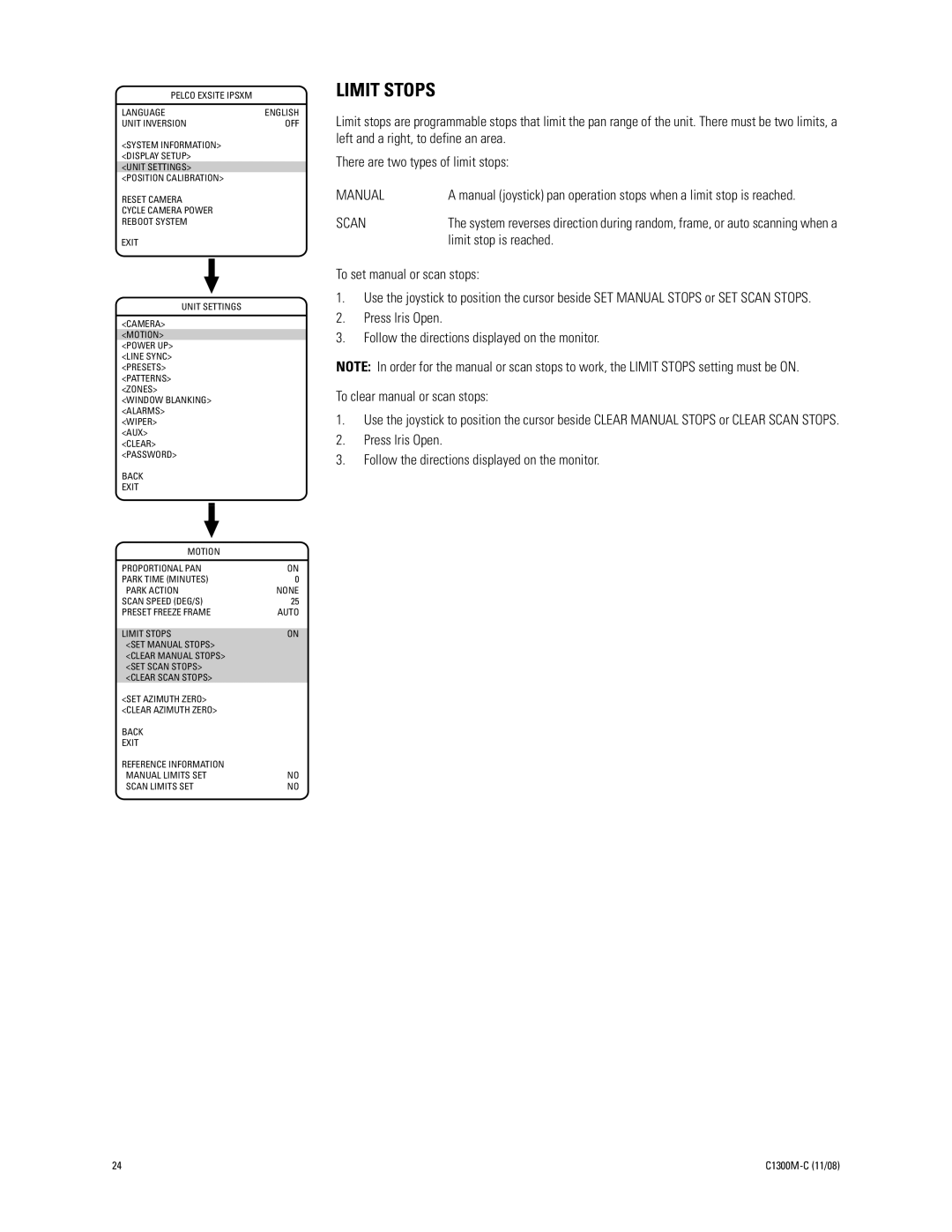 Pelco C1300M-C (11/08) manual Limit Stops, Manual, Scan, Limit stop is reached 
