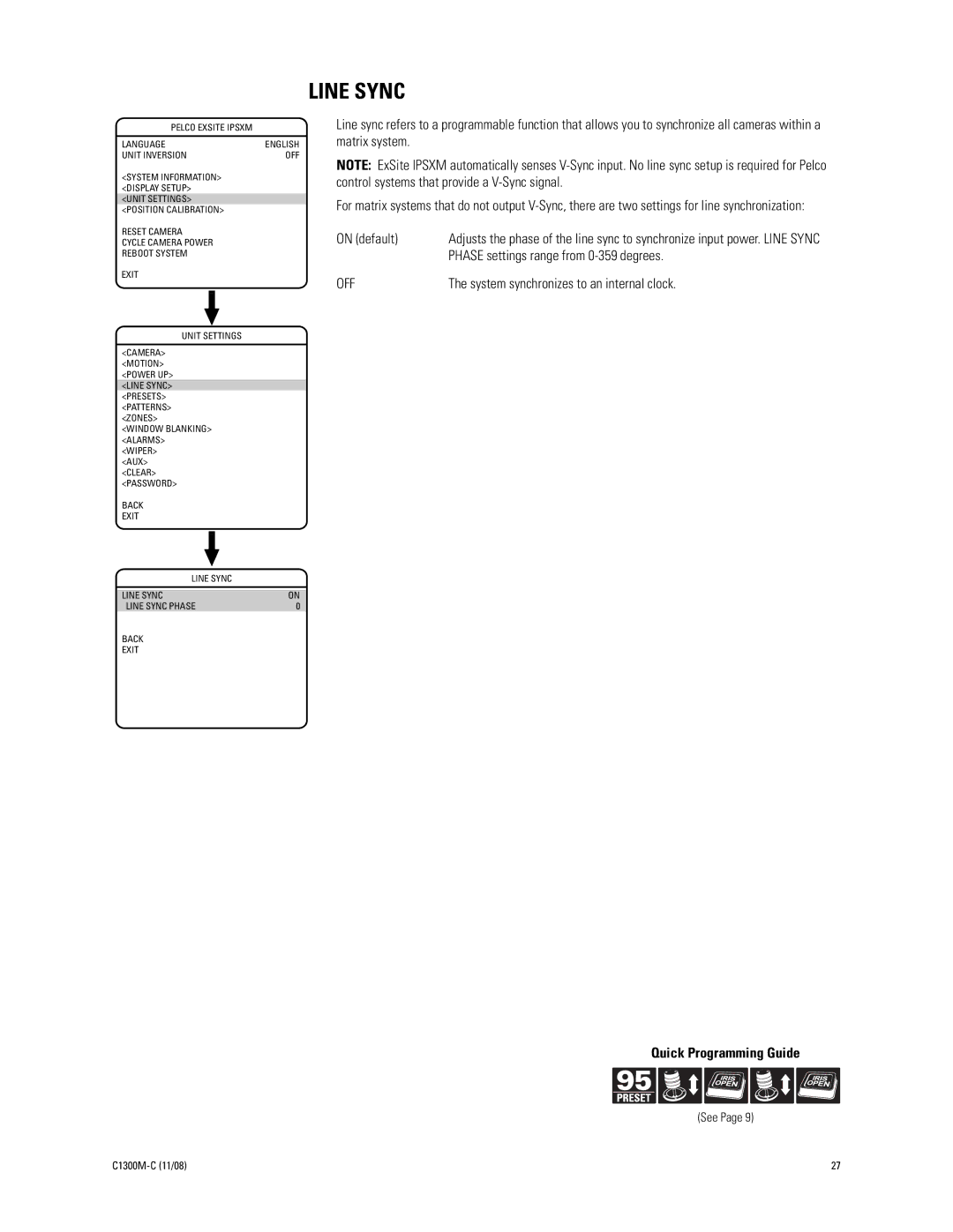 Pelco C1300M-C (11/08) manual Line Sync, Phase settings range from 0-359 degrees, System synchronizes to an internal clock 