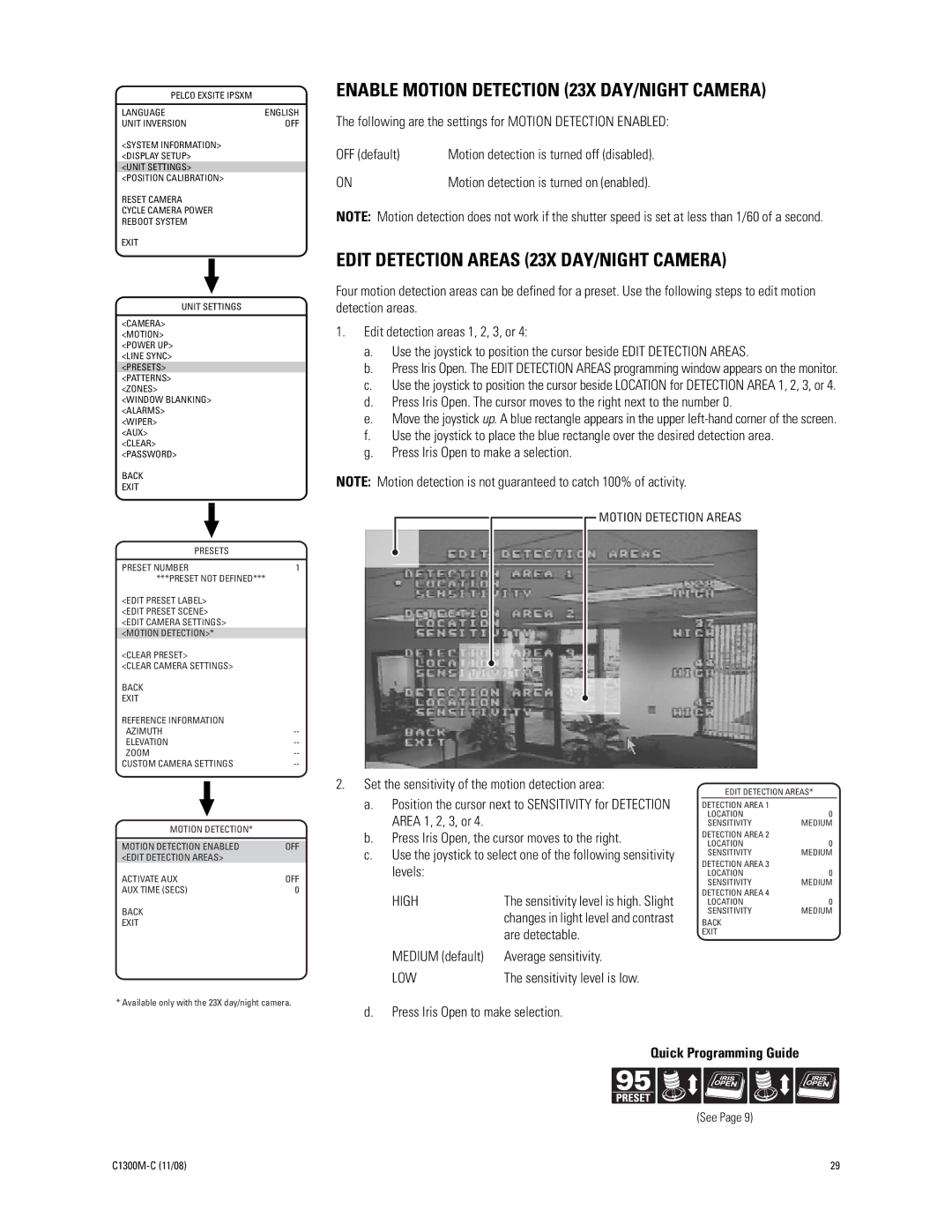 Pelco C1300M-C (11/08) manual Enable Motion Detection 23X DAY/NIGHT Camera, Edit Detection Areas 23X DAY/NIGHT Camera 