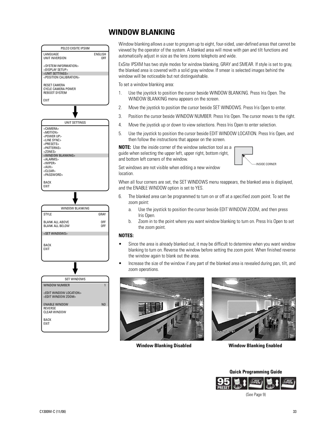 Pelco C1300M-C (11/08) manual Window Blanking, To set a window blanking area 