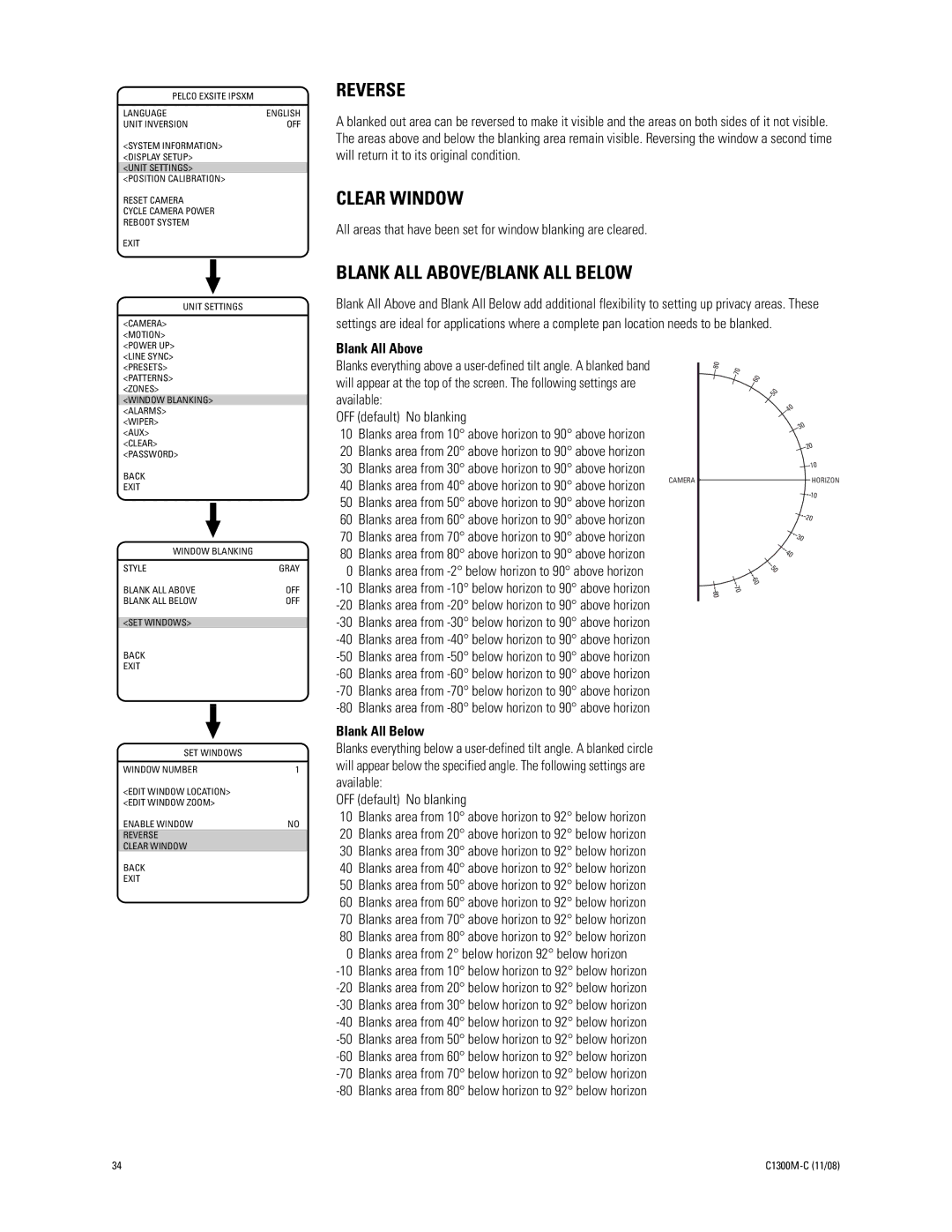 Pelco C1300M-C (11/08) manual Reverse, Clear Window, Blank ALL ABOVE/BLANK ALL below, Available OFF default No blanking 