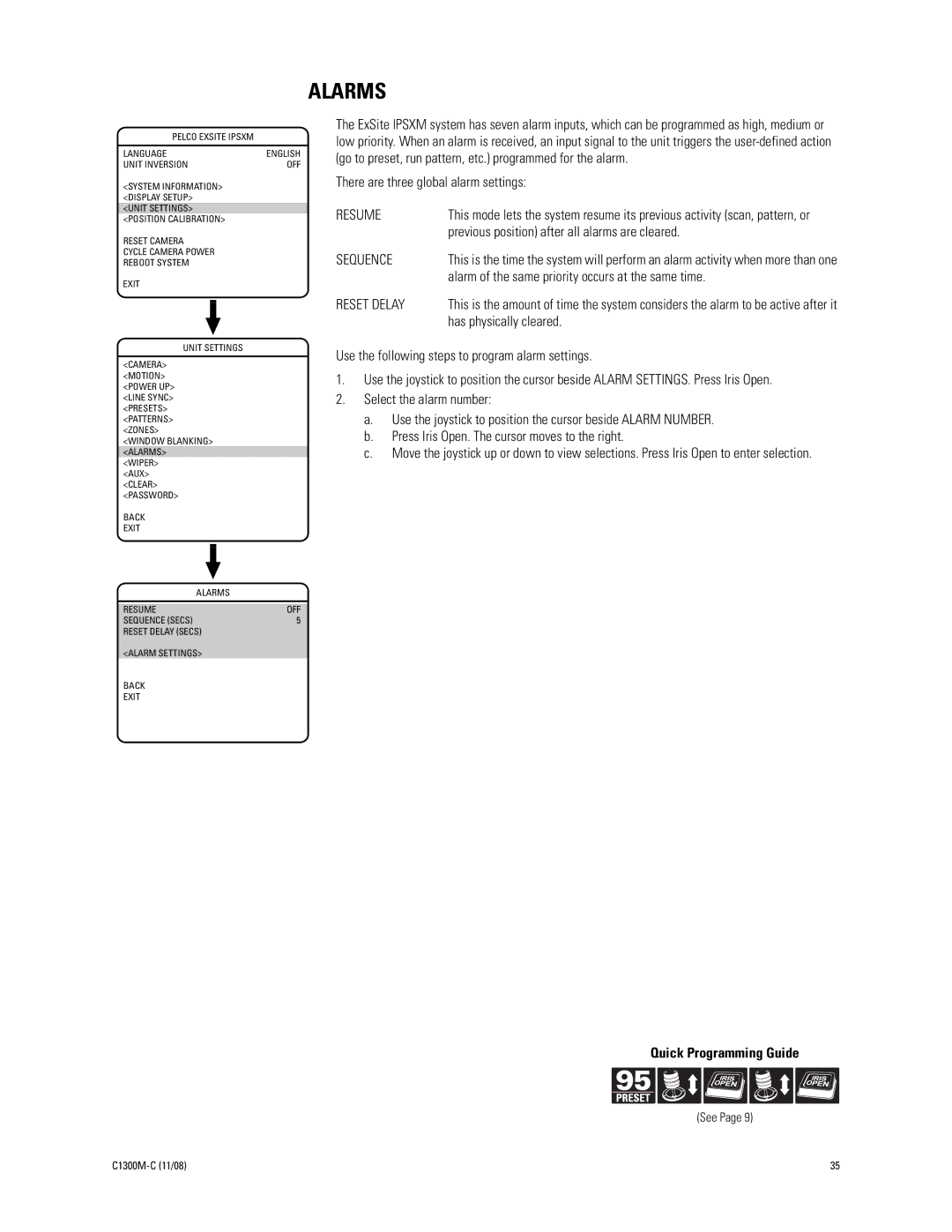 Pelco C1300M-C (11/08) manual Alarms, Resume, Sequence, Reset Delay 