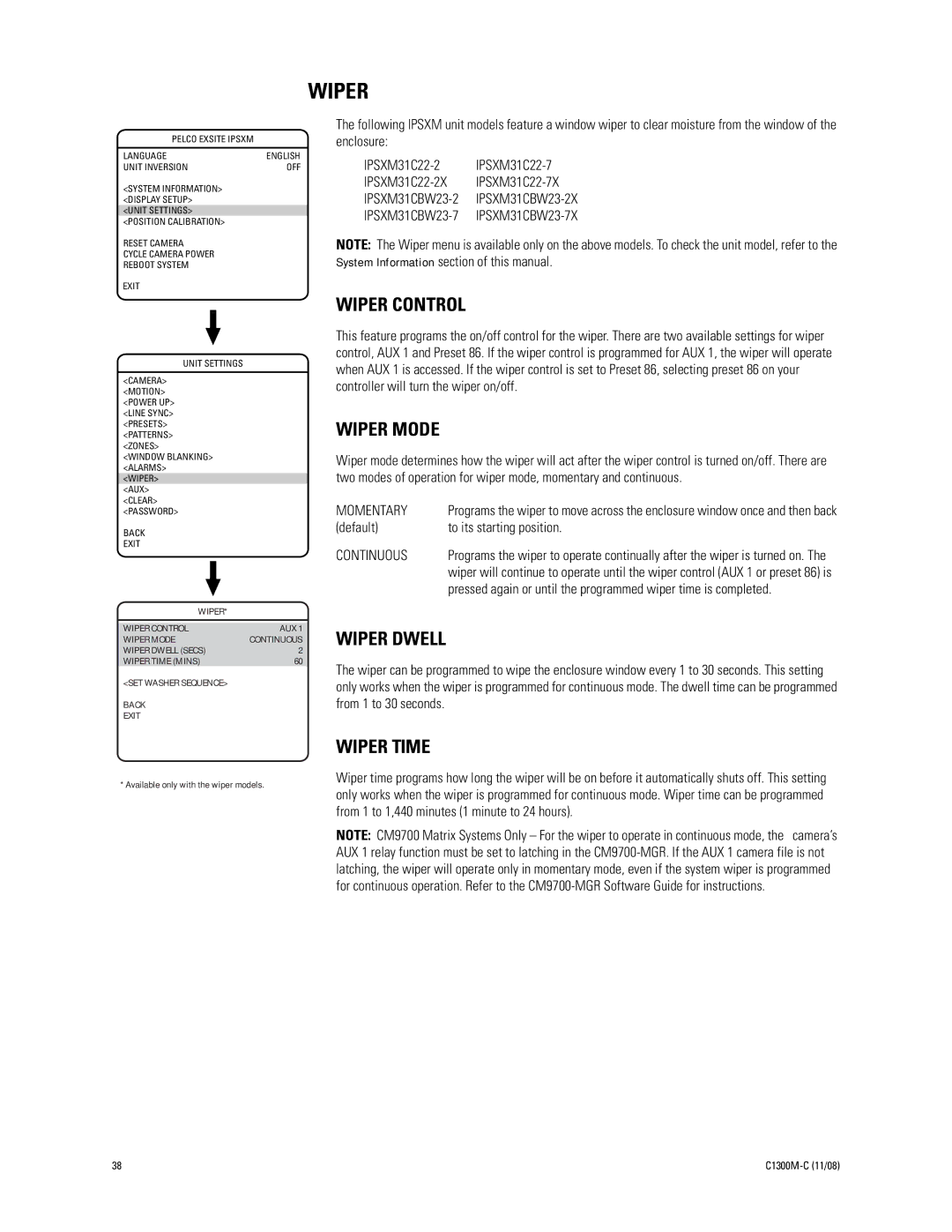 Pelco C1300M-C (11/08) manual Wiper Control, Wiper Mode, Wiper Dwell, Wiper Time 