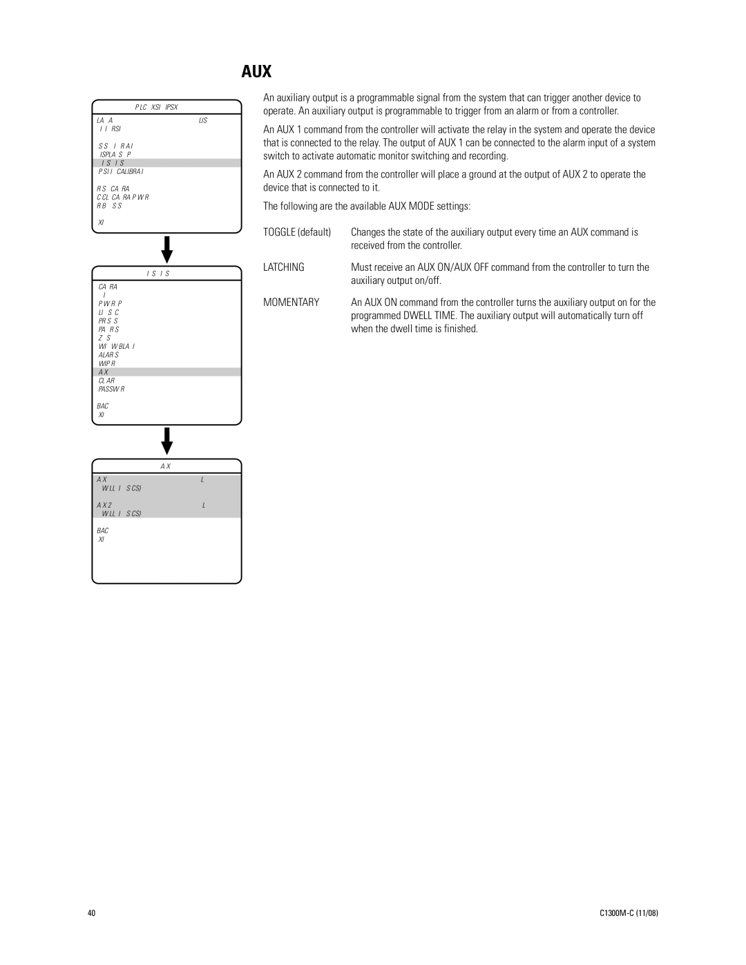 Pelco C1300M-C (11/08) manual Received from the controller, Latching, Auxiliary output on/off 