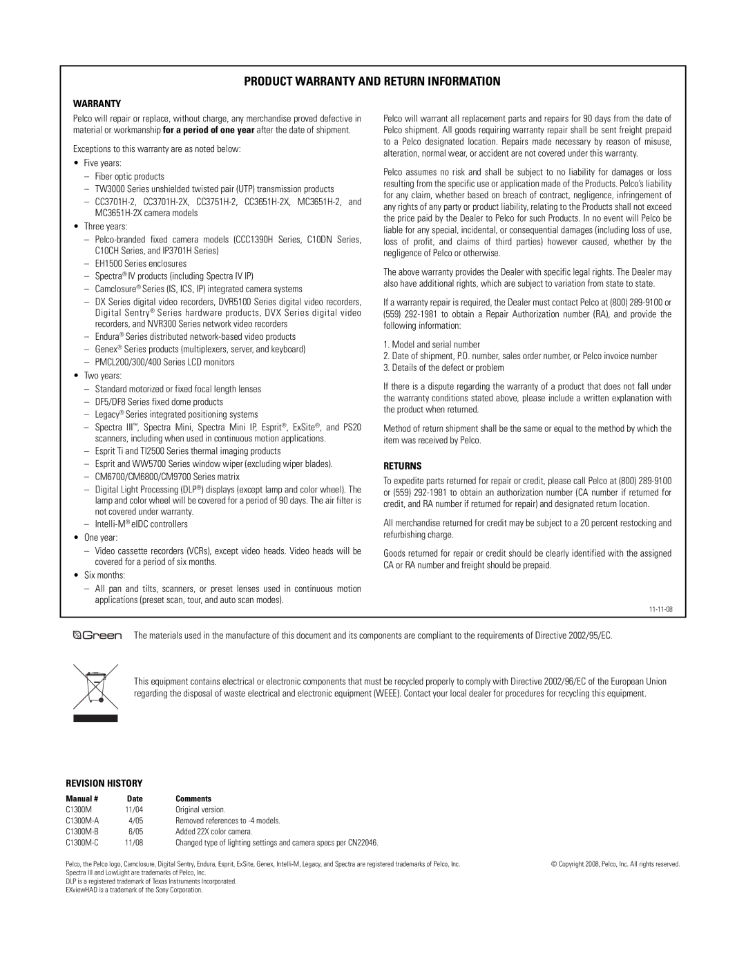 Pelco C1300M-C (11/08) manual Product Warranty and Return Information 