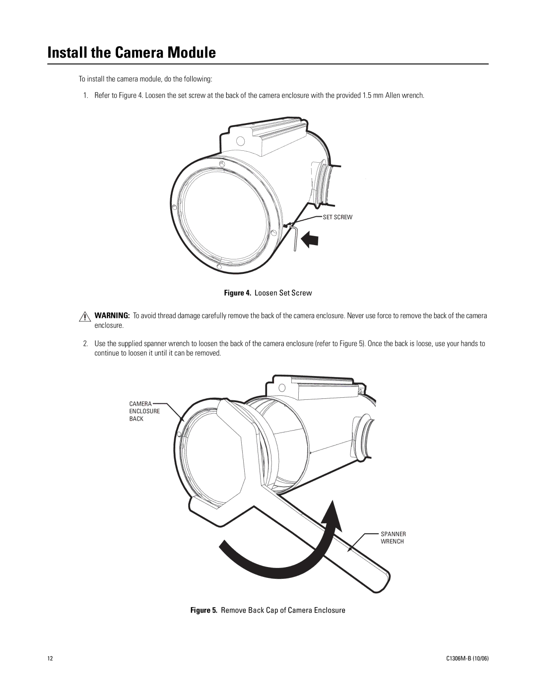 Pelco 2 C1306M-B (10/06) manual Install the Camera Module, Remove Back Cap of Camera Enclosure 
