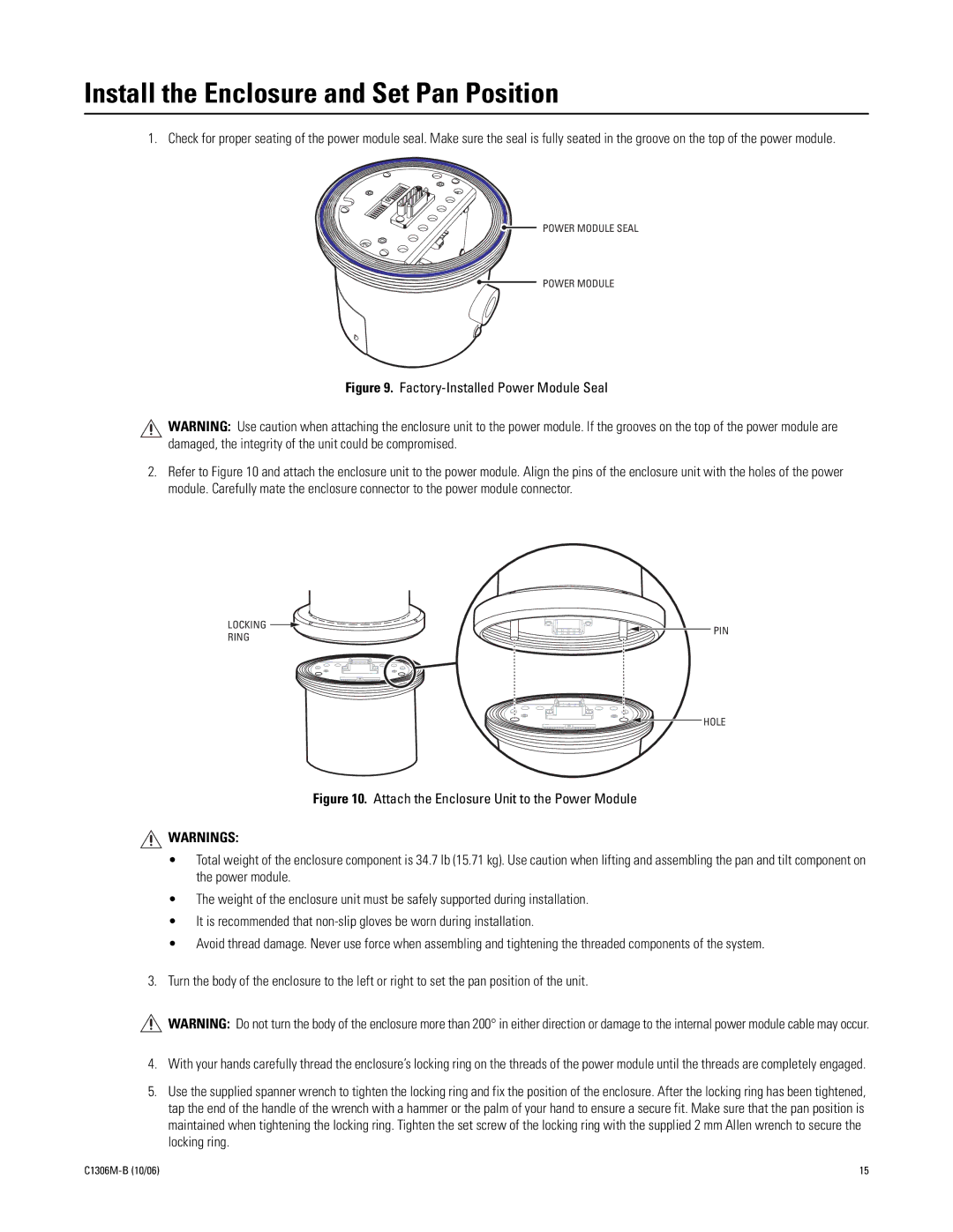 Pelco 2 C1306M-B (10/06) manual Install the Enclosure and Set Pan Position, Factory-Installed Power Module Seal 