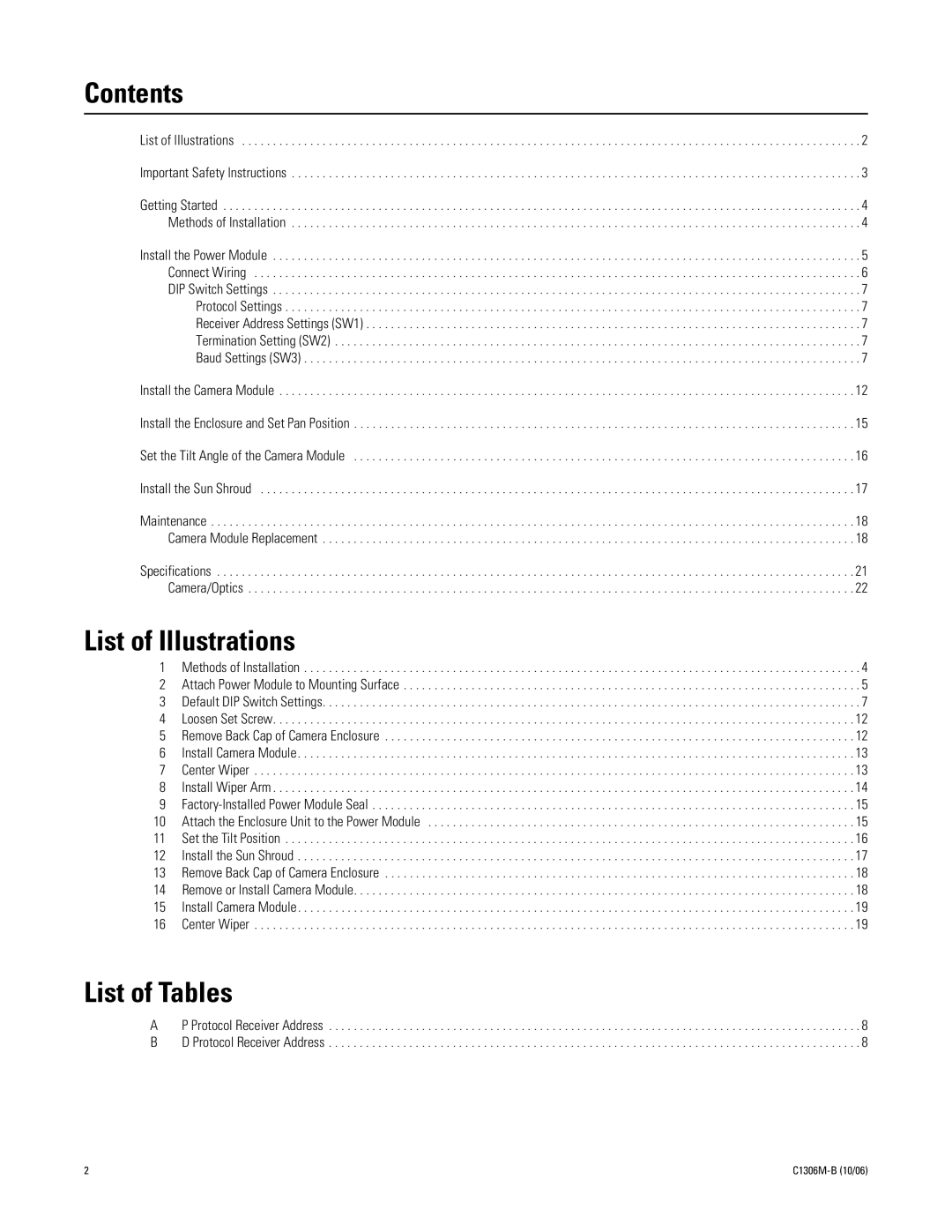 Pelco 2 C1306M-B (10/06) manual Contents, List of Illustrations, List of Tables 