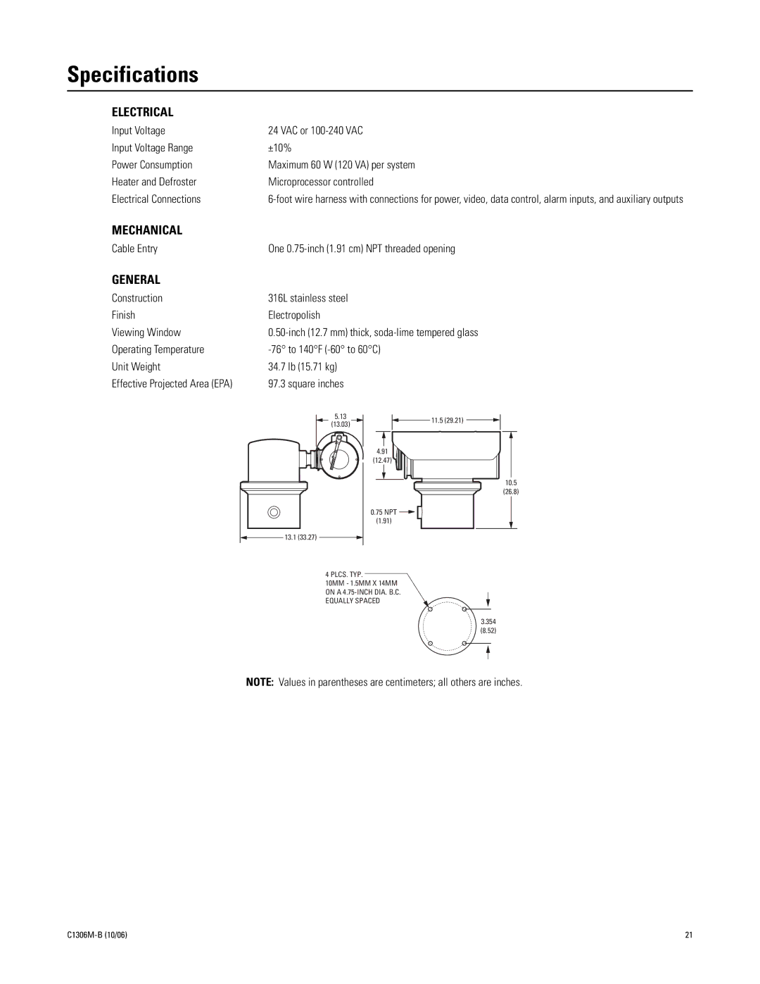 Pelco 2 C1306M-B (10/06) manual Specifications, Electrical 