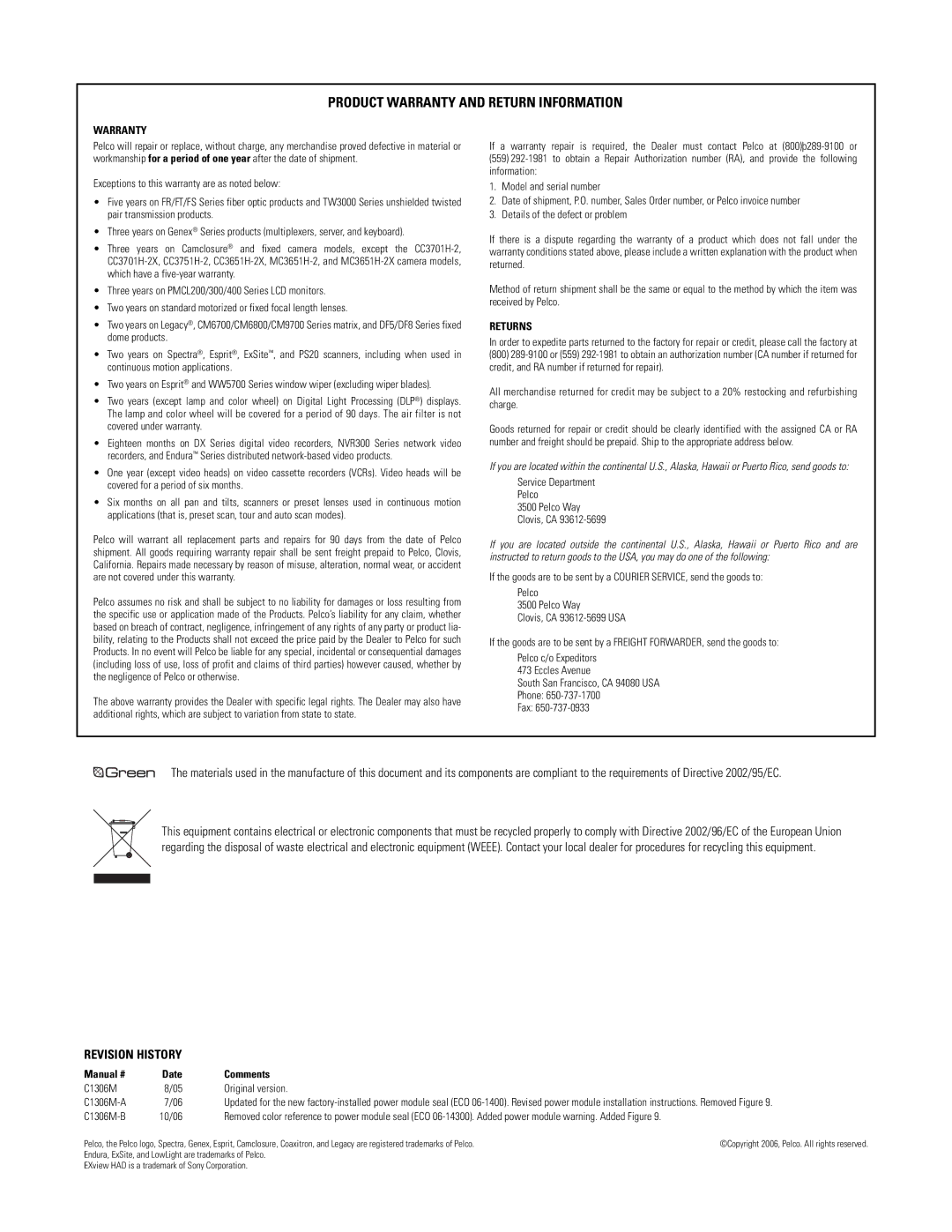 Pelco 2 C1306M-B (10/06) manual Product Warranty and Return Information 