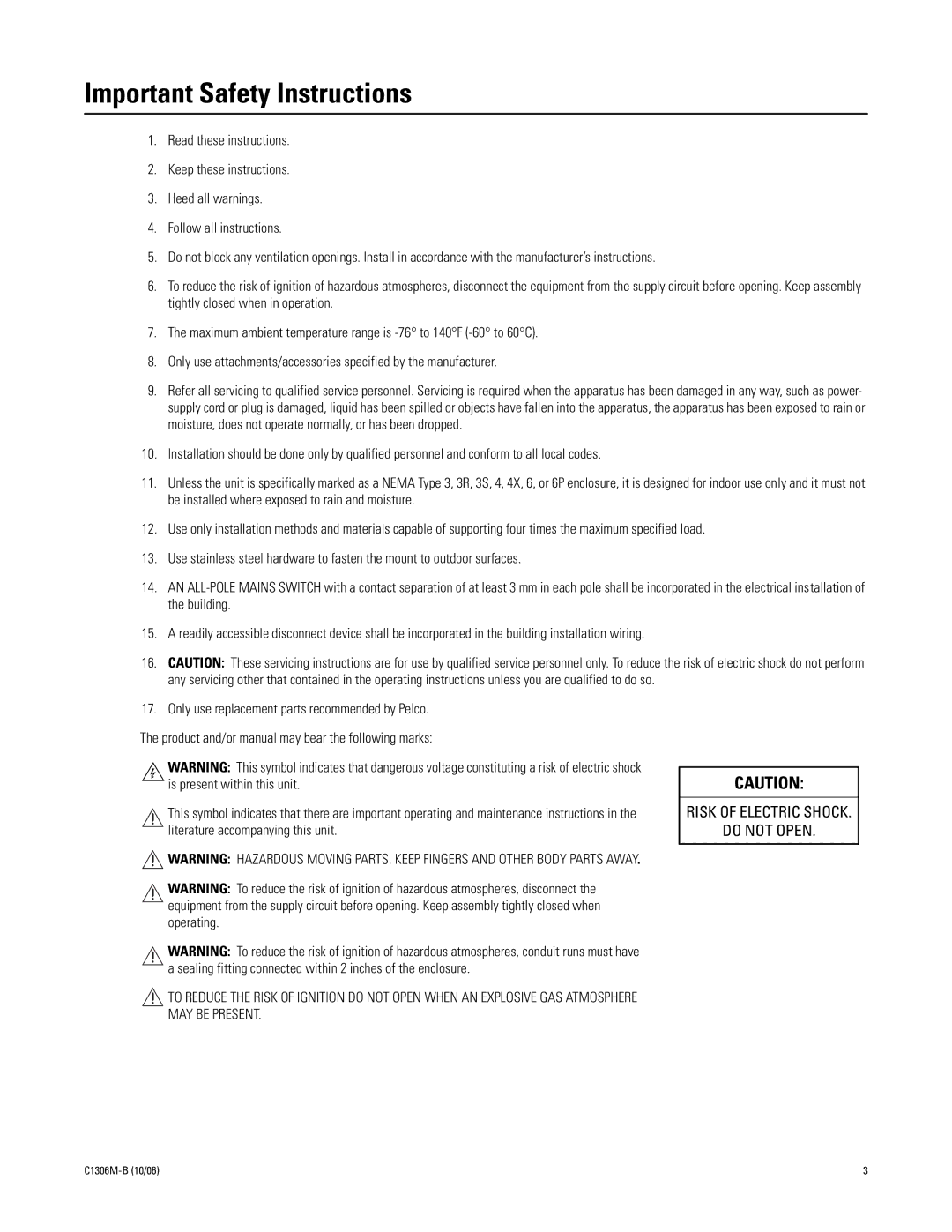 Pelco 2 C1306M-B (10/06) manual Important Safety Instructions 