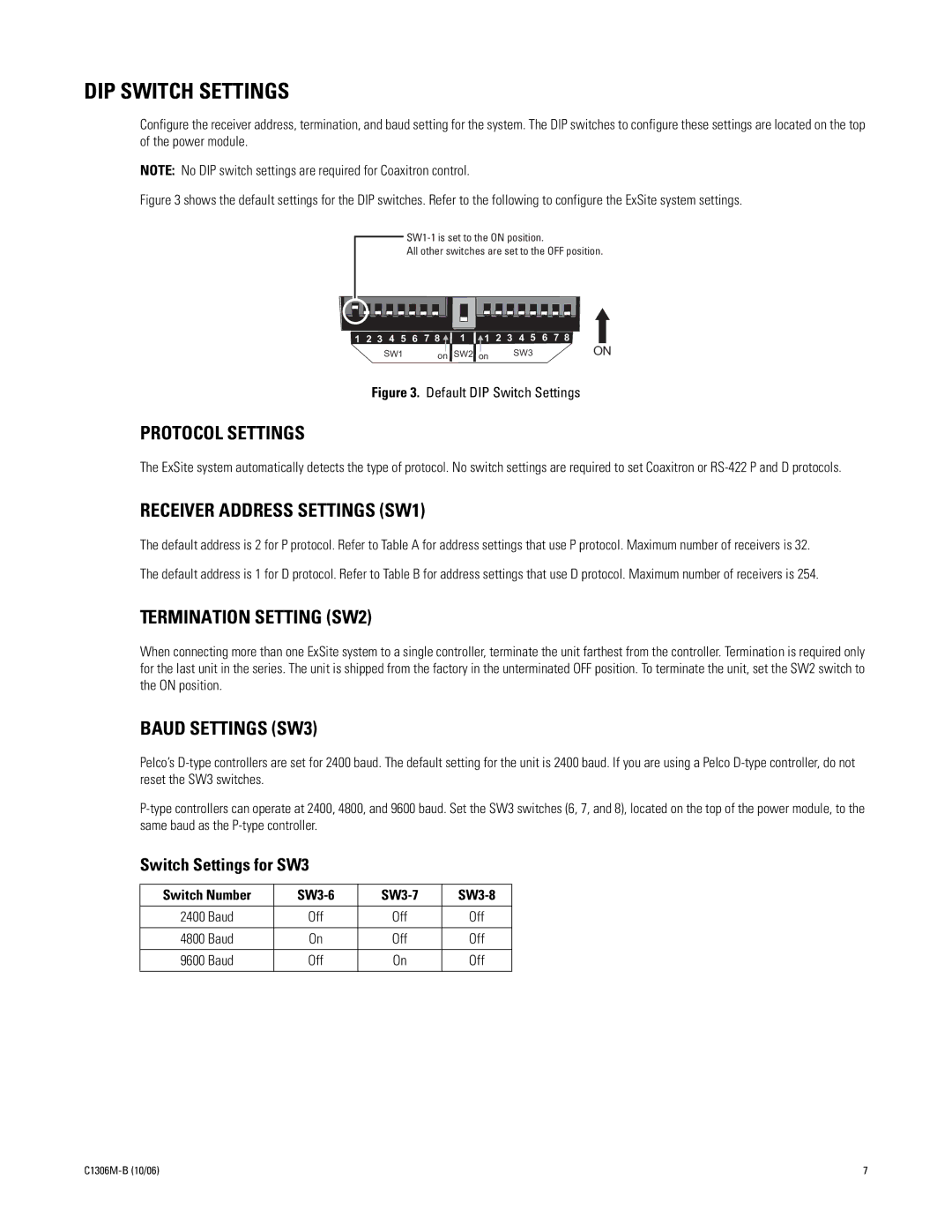 Pelco 2 C1306M-B (10/06) manual DIP Switch Settings, Protocol Settings 