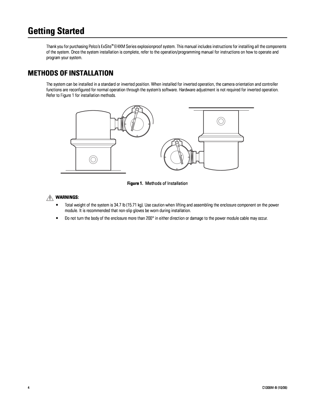Pelco 2 C1306M-B (10/06) manual Getting Started, Methods Of Installation, Warnings 