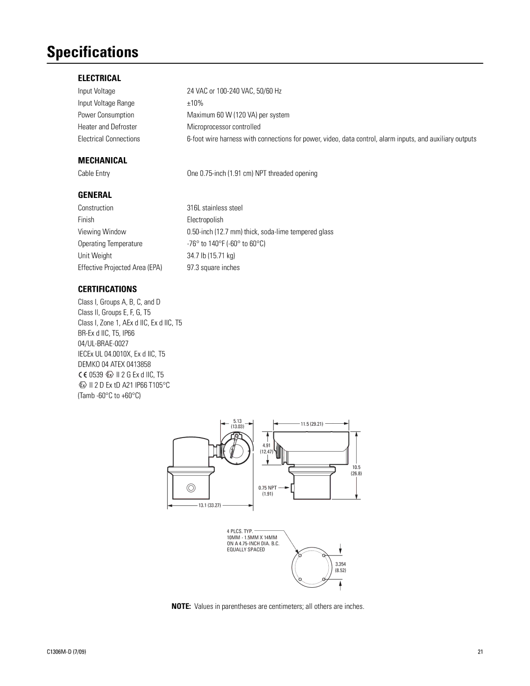 Pelco C1306M-D (7/09) manual Specifications, Electrical 