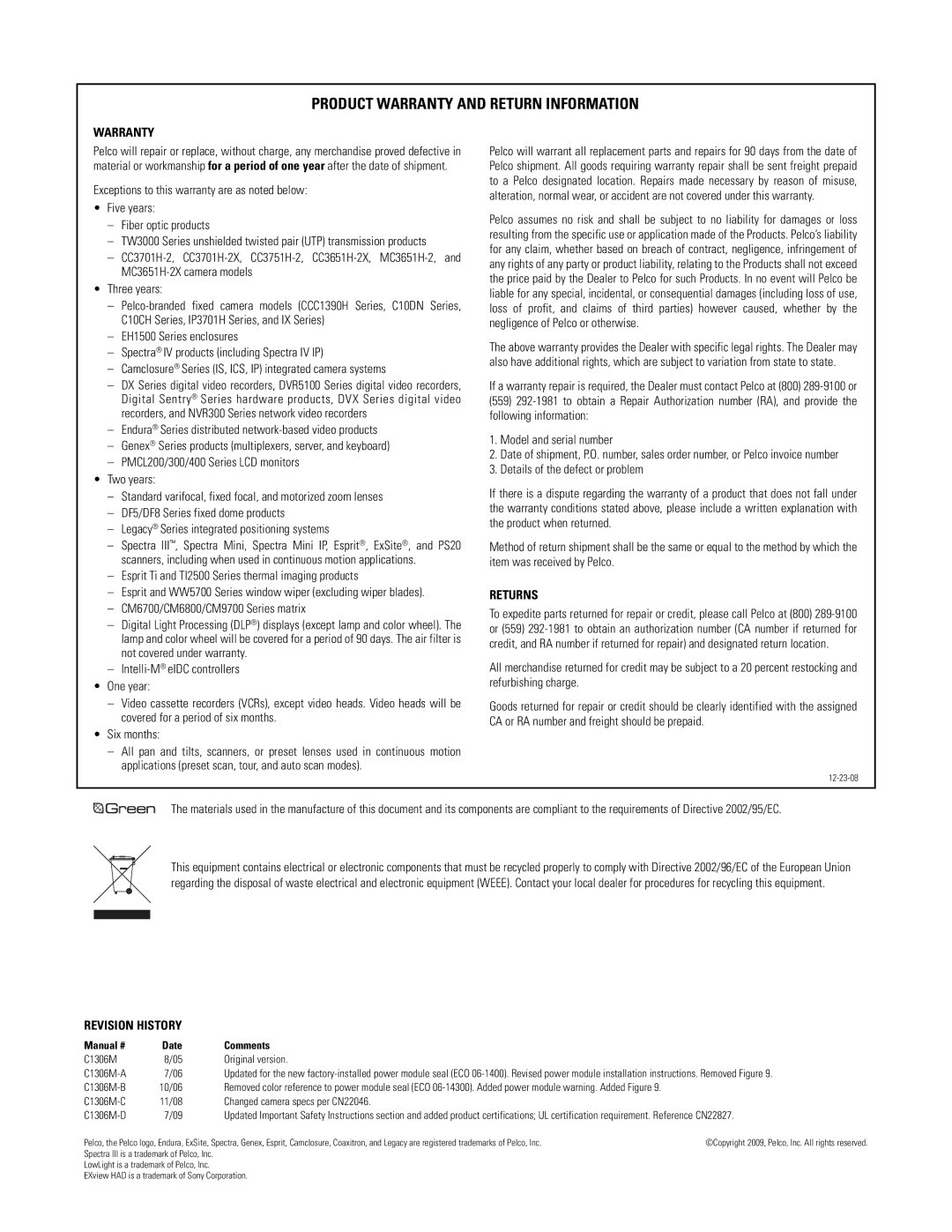 Pelco C1306M-D (7/09) manual Product Warranty and Return Information 