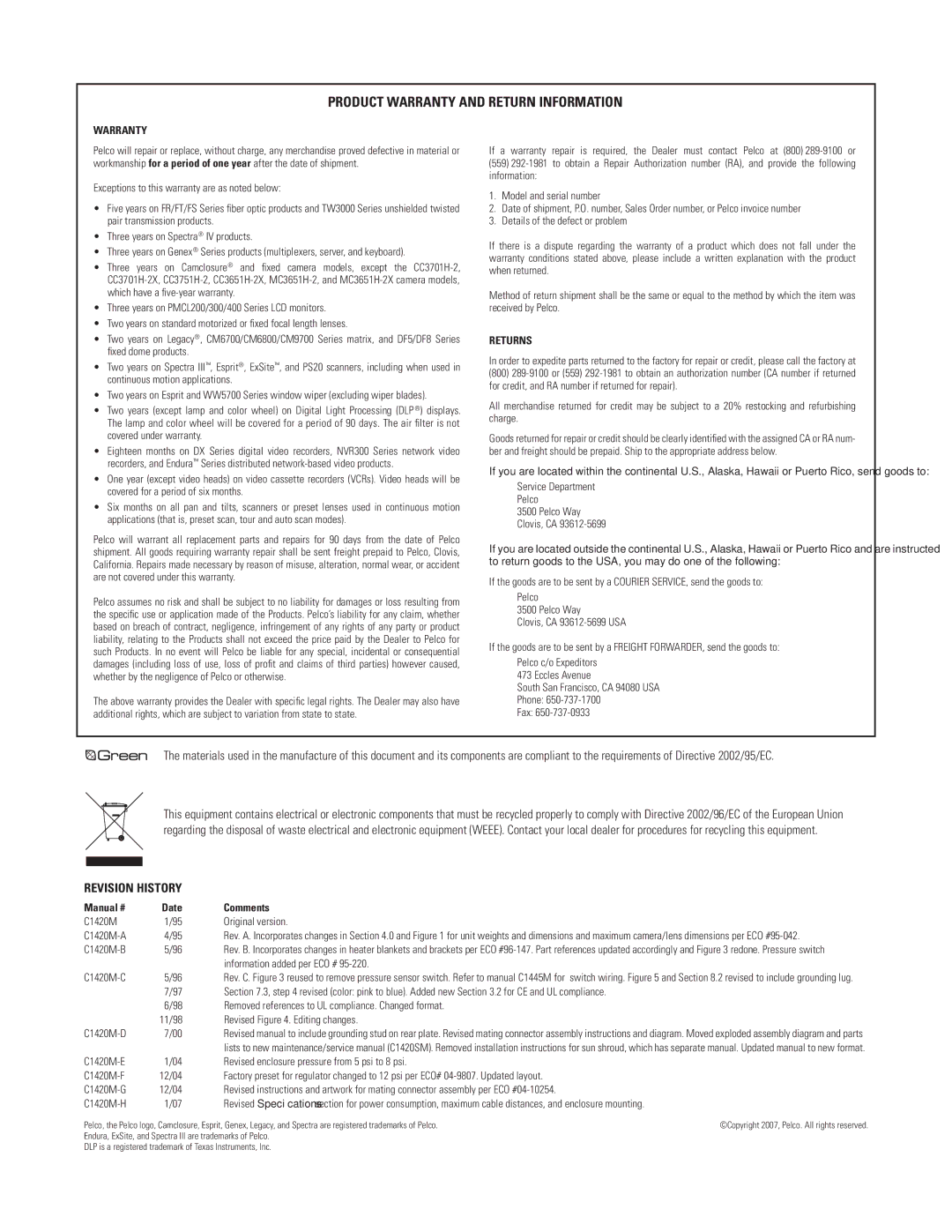 Pelco C1420M-H manual Product Warranty and Return Information 