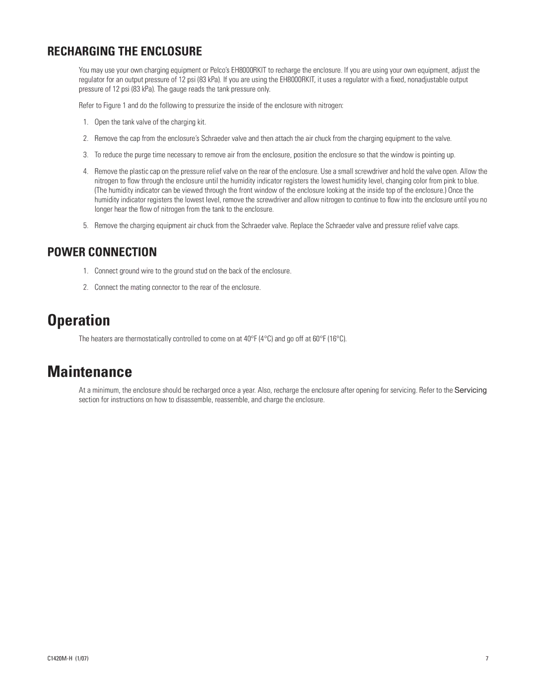 Pelco C1420M-H manual Operation, Maintenance, Recharging the Enclosure, Power Connection 