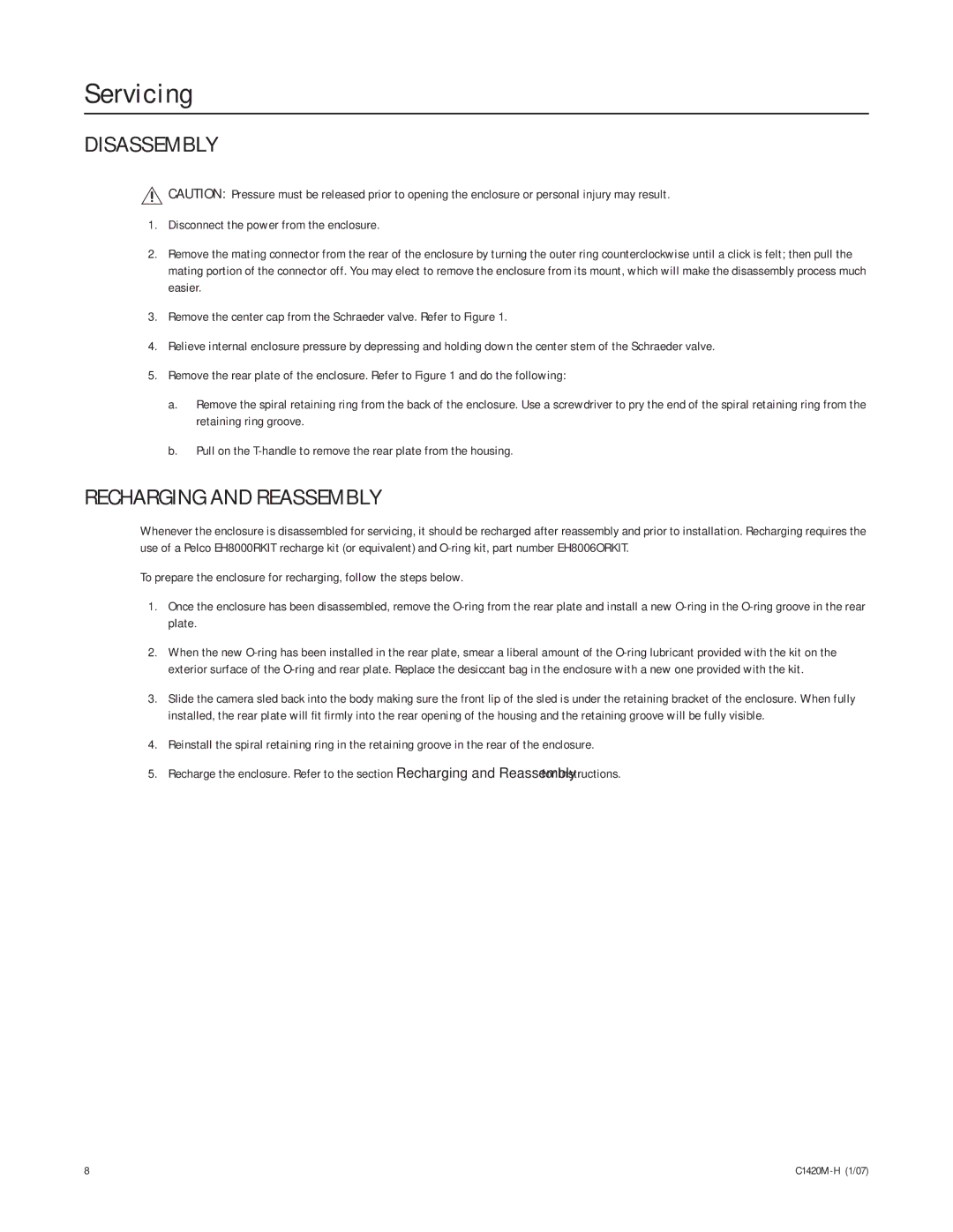 Pelco C1420M-H manual Servicing, Disassembly, Recharging and Reassembly 