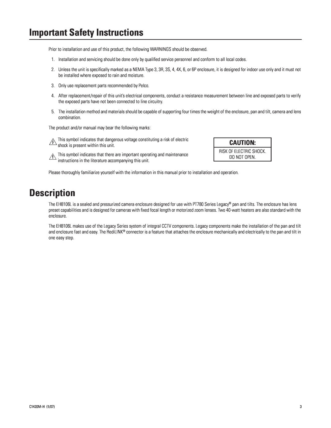 Pelco C1420M-H manual Important Safety Instructions, Description 
