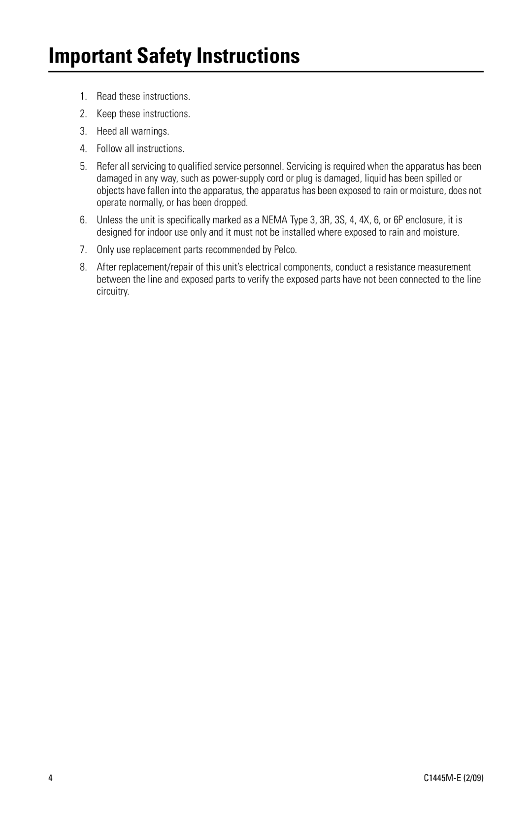 Pelco C1445M-E (2/09) manual Important Safety Instructions 