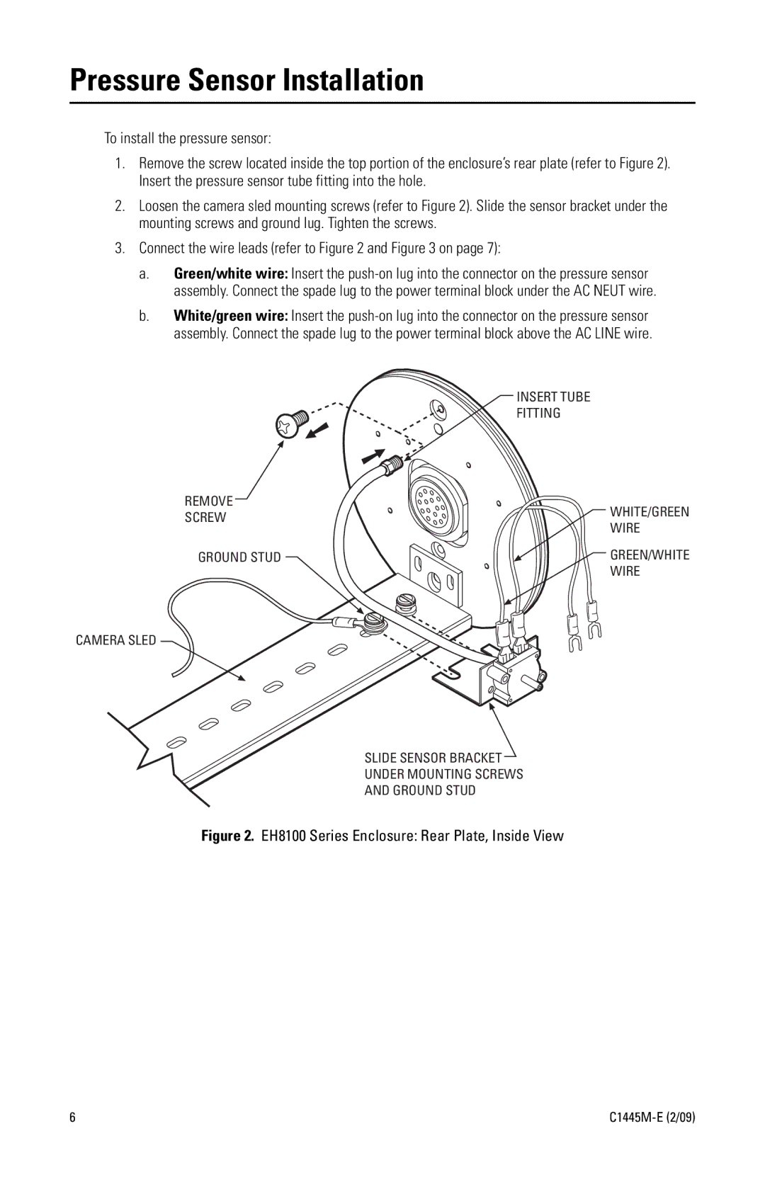 Pelco C1445M-E (2/09) manual Pressure Sensor Installation, Connect the wire leads refer to and on 