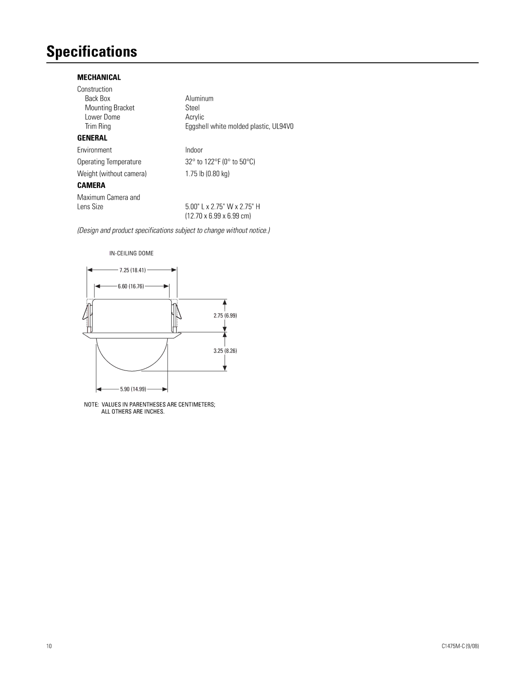 Pelco C1475M-C manual Specifications, Mechanical 