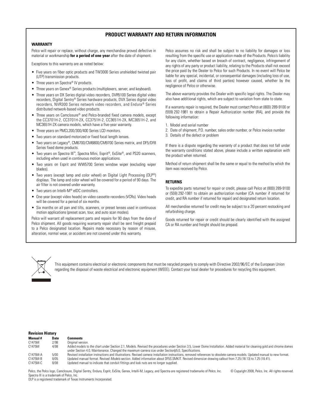 Pelco C1475M-C manual Product Warranty and Return Information 