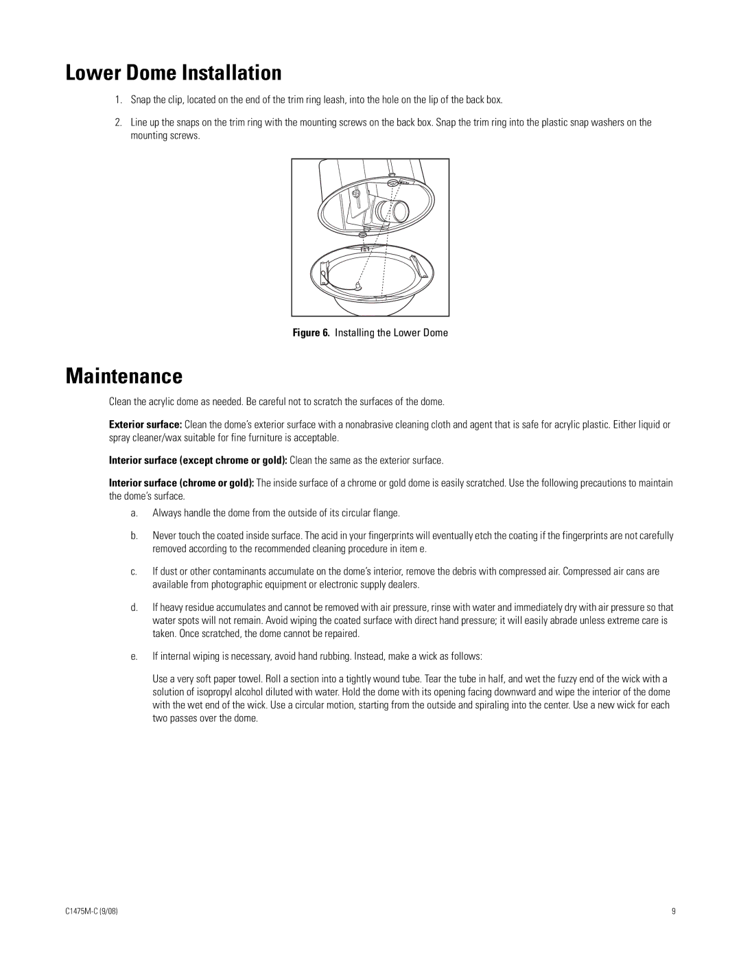 Pelco C1475M-C manual Lower Dome Installation, Maintenance 