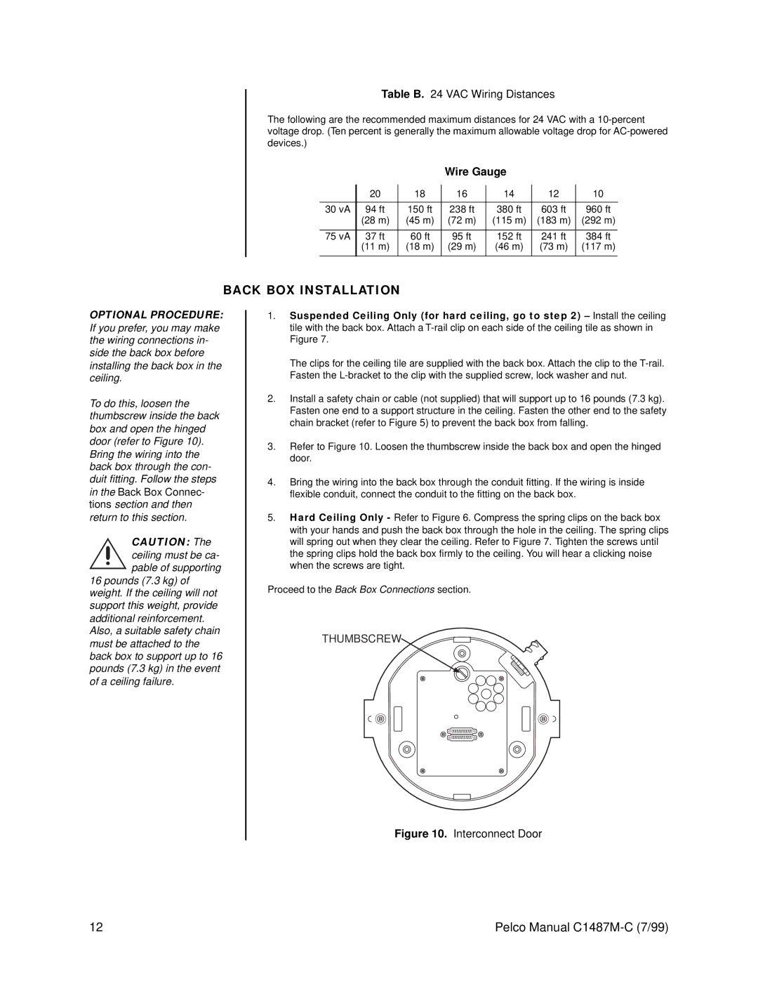 Pelco c1487-c operation manual Back BOX Installation, Table B VAC Wiring Distances 