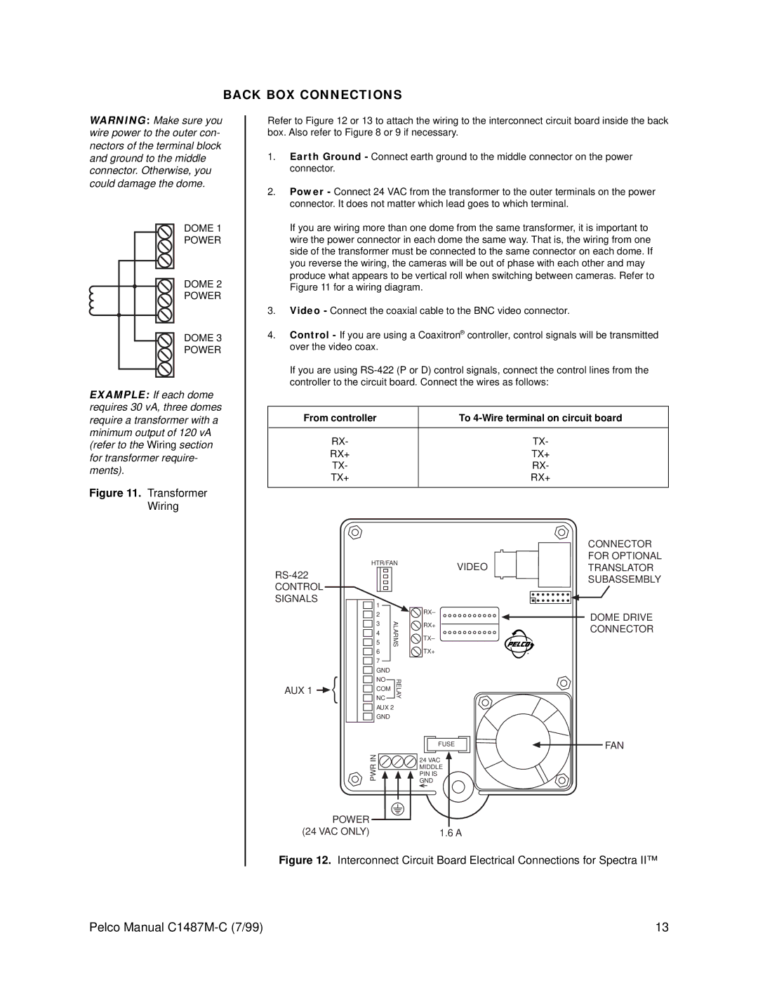 Pelco c1487-c operation manual Back BOX Connections, From controller To 4-Wire terminal on circuit board 