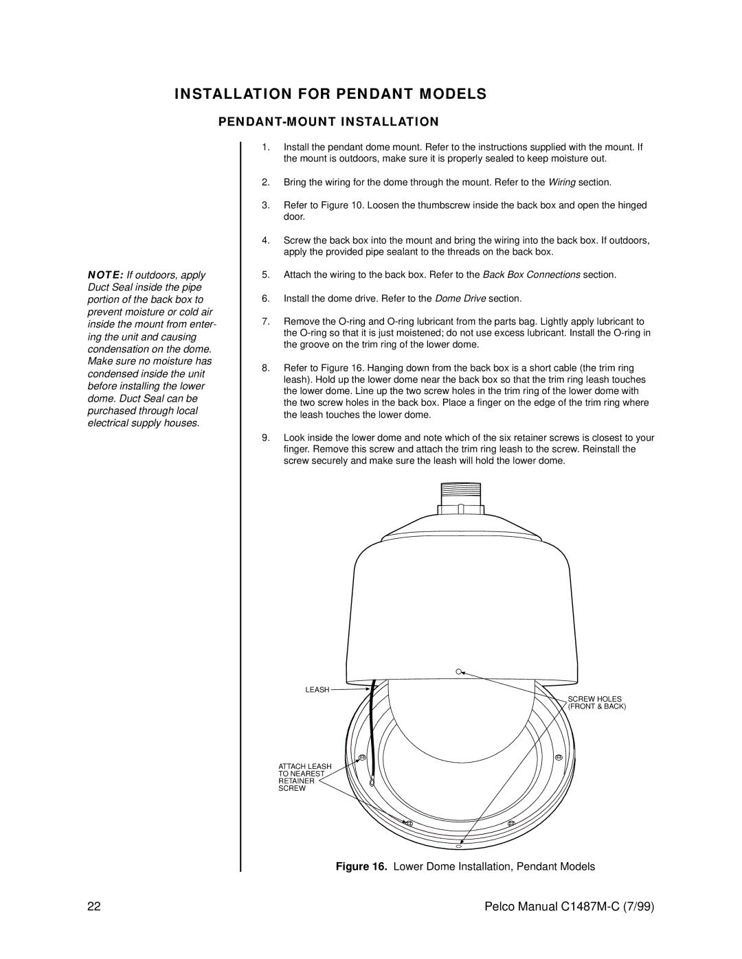 Pelco c1487-c operation manual Installation for Pendant Models, PENDANT-MOUNT Installation 