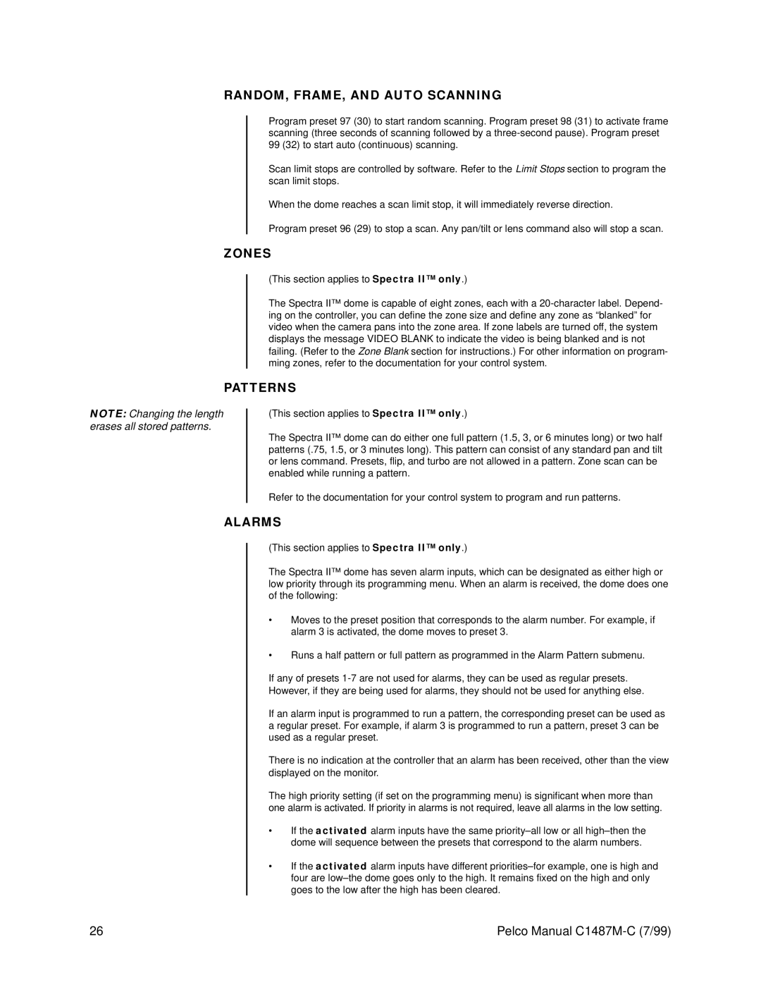 Pelco c1487-c operation manual RANDOM, FRAME, and Auto Scanning, Zones, Patterns, Alarms 