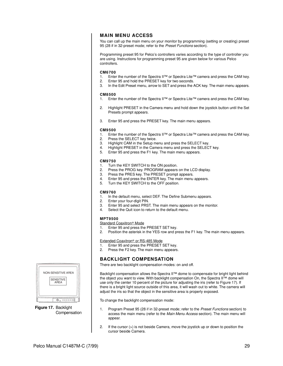 Pelco c1487-c operation manual Main Menu Access, Backlight Compensation 