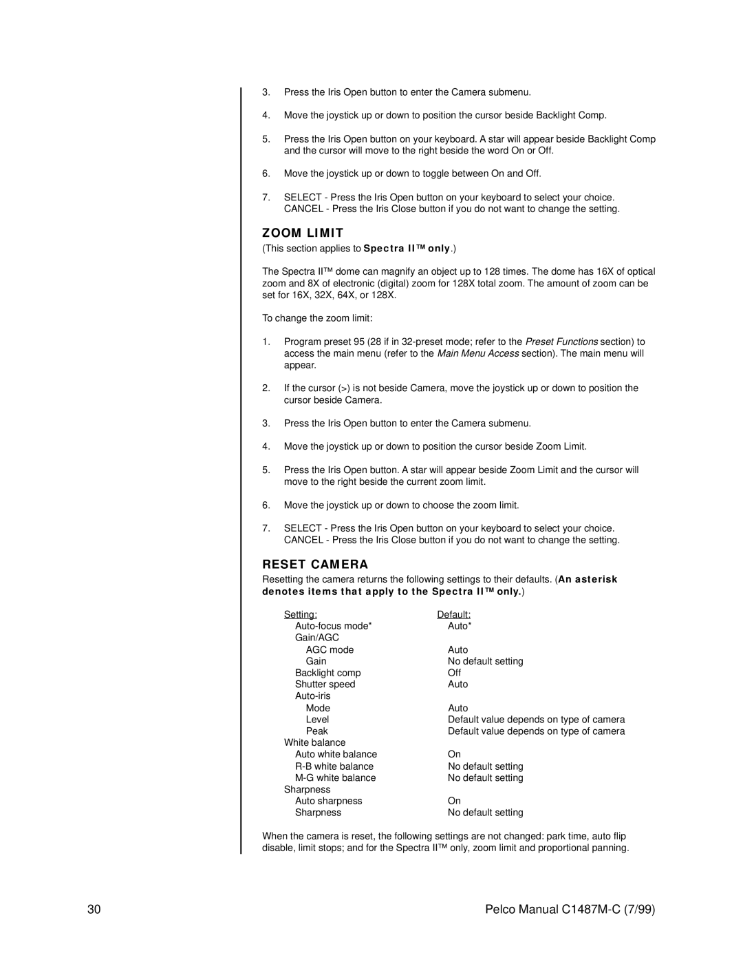 Pelco c1487-c operation manual Zoom Limit, Reset Camera, Denotes items that apply to the Spectra II only 