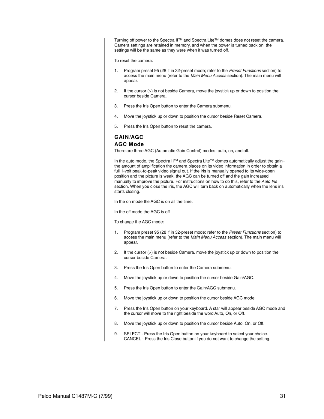 Pelco c1487-c operation manual Gain/Agc, AGC Mode 