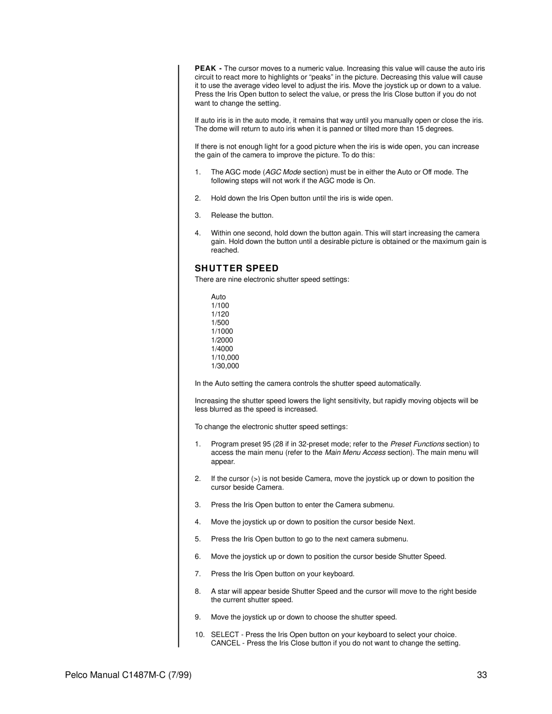 Pelco c1487-c operation manual Shutter Speed 