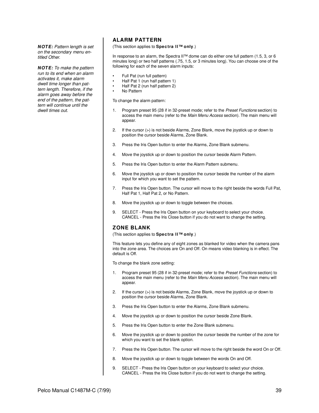 Pelco c1487-c operation manual Alarm Pattern, Zone Blank 