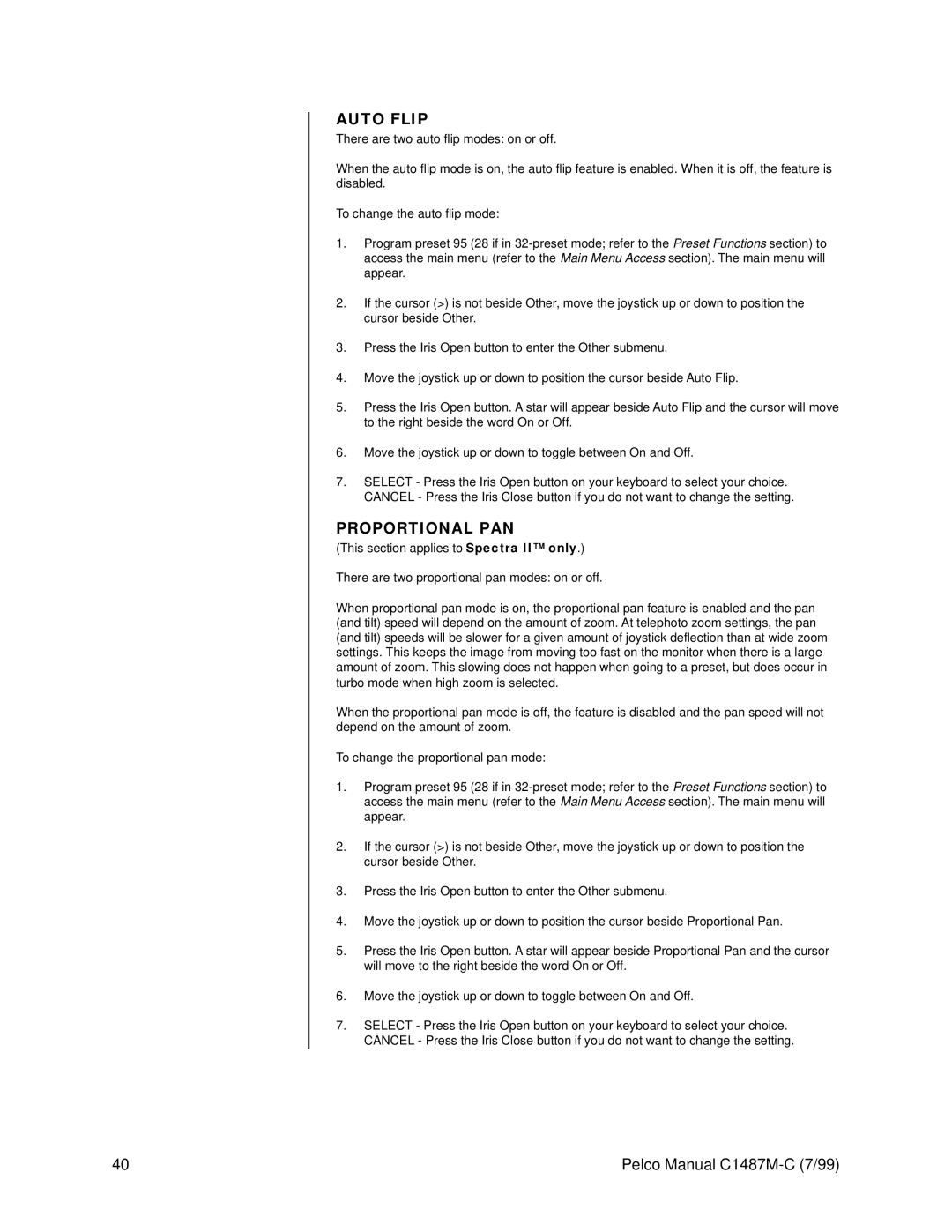 Pelco c1487-c operation manual Auto Flip, Proportional PAN 