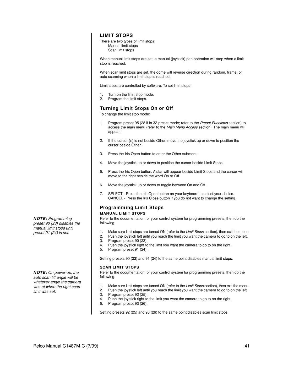 Pelco c1487-c operation manual Turning Limit Stops On or Off 