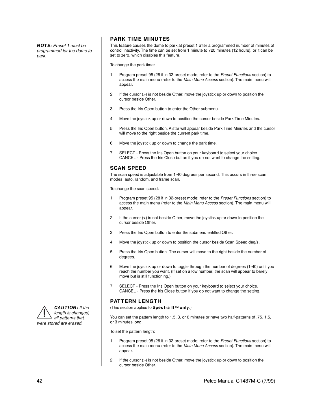 Pelco c1487-c operation manual Park Time Minutes, Pattern Length 