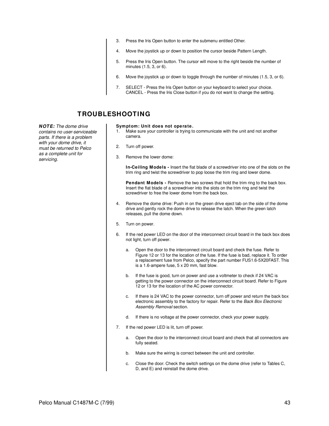 Pelco c1487-c operation manual Troubleshooting, Symptom Unit does not operate 