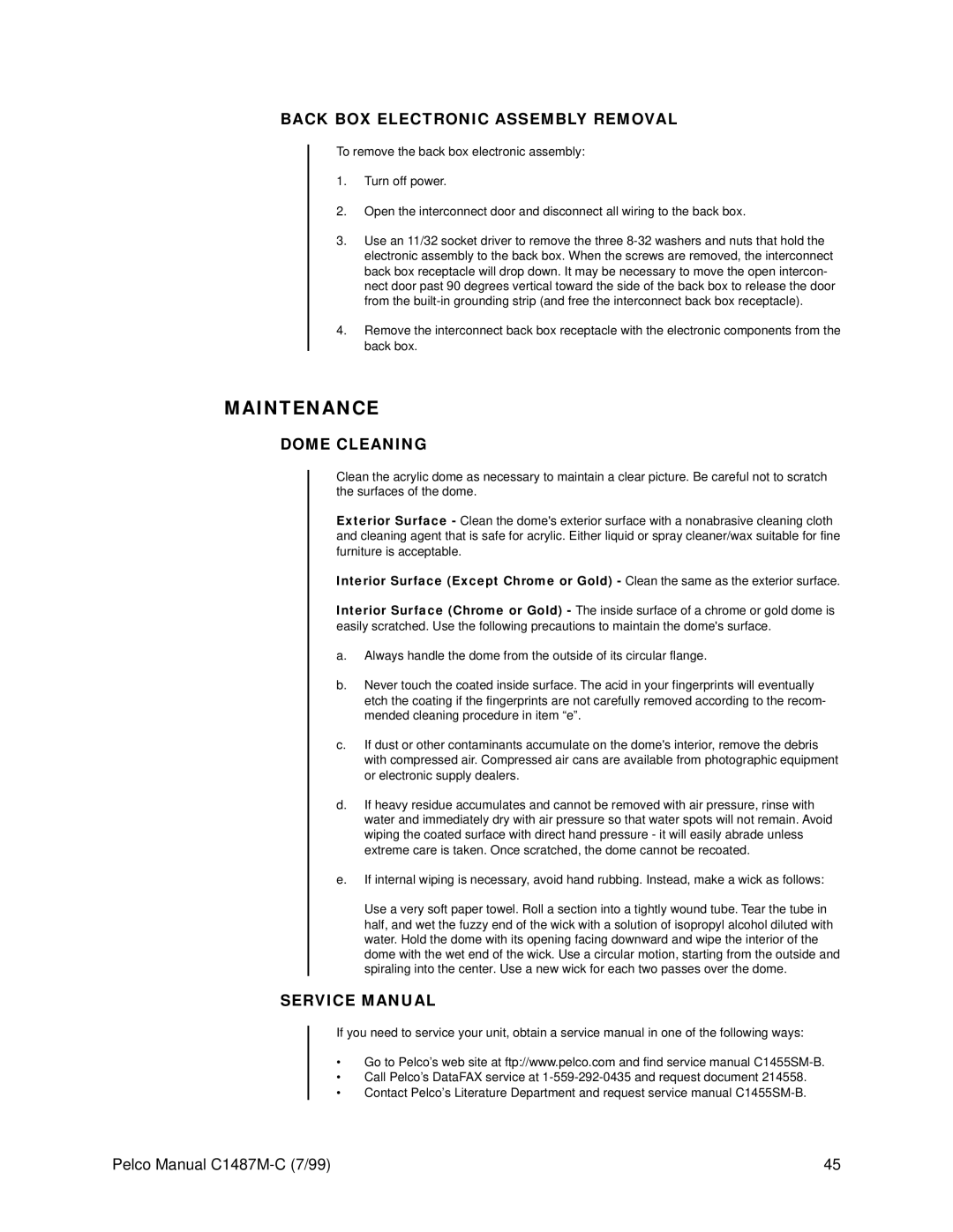 Pelco c1487-c operation manual Maintenance, Back BOX Electronic Assembly Removal, Dome Cleaning 