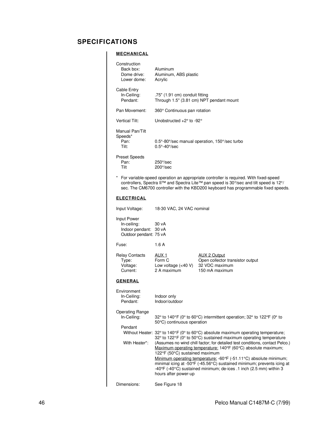 Pelco c1487-c operation manual Specifications, Mechanical 