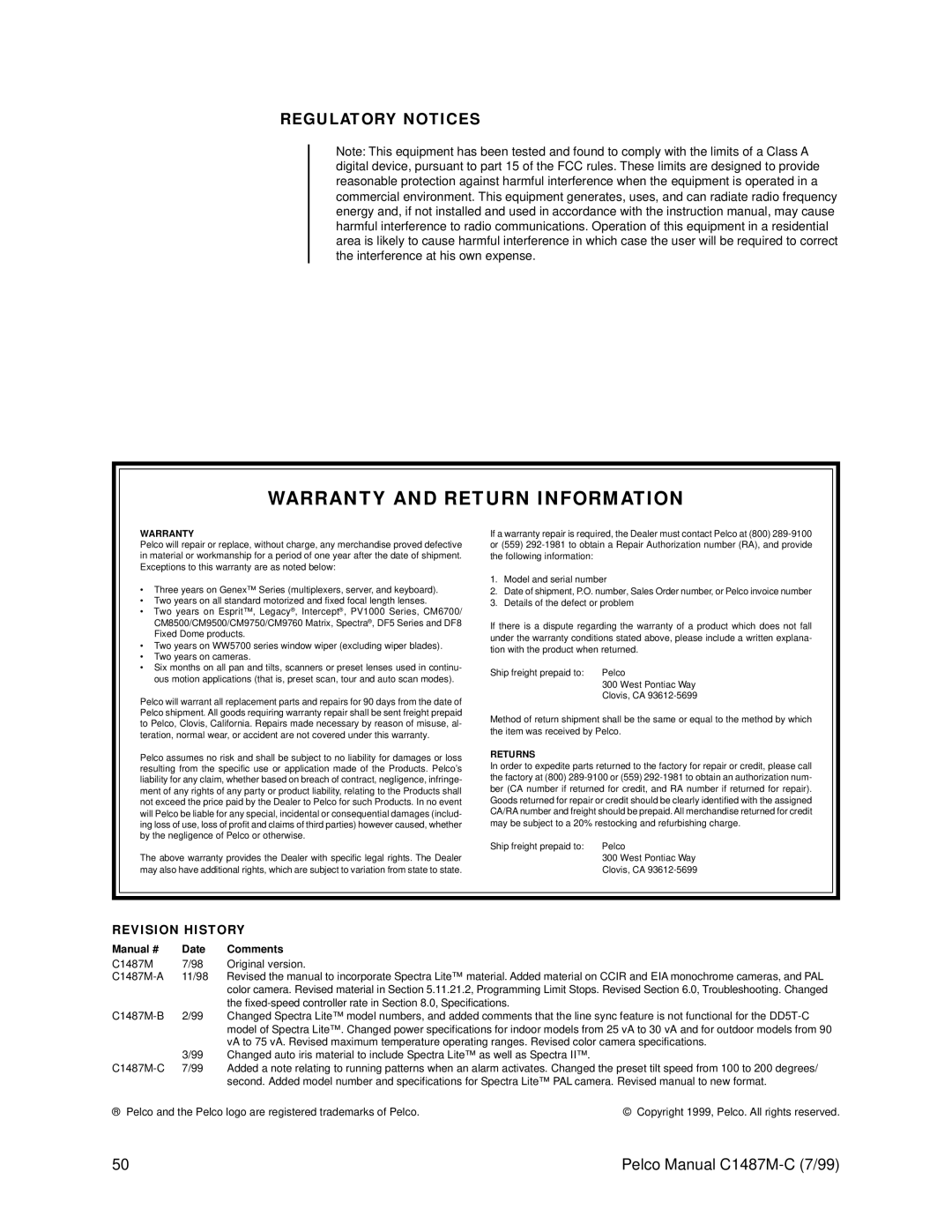 Pelco c1487-c operation manual Warranty and Return Information, Regulatory Notices 