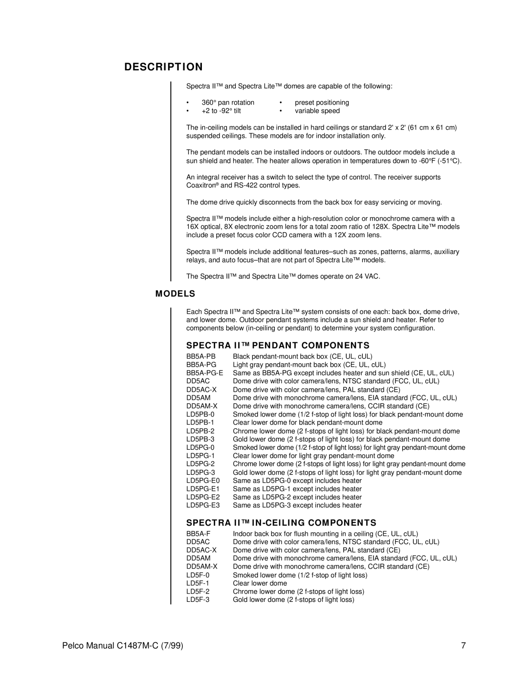 Pelco c1487-c operation manual Description, Models, Spectra II Pendant Components, Spectra II IN-CEILING Components 