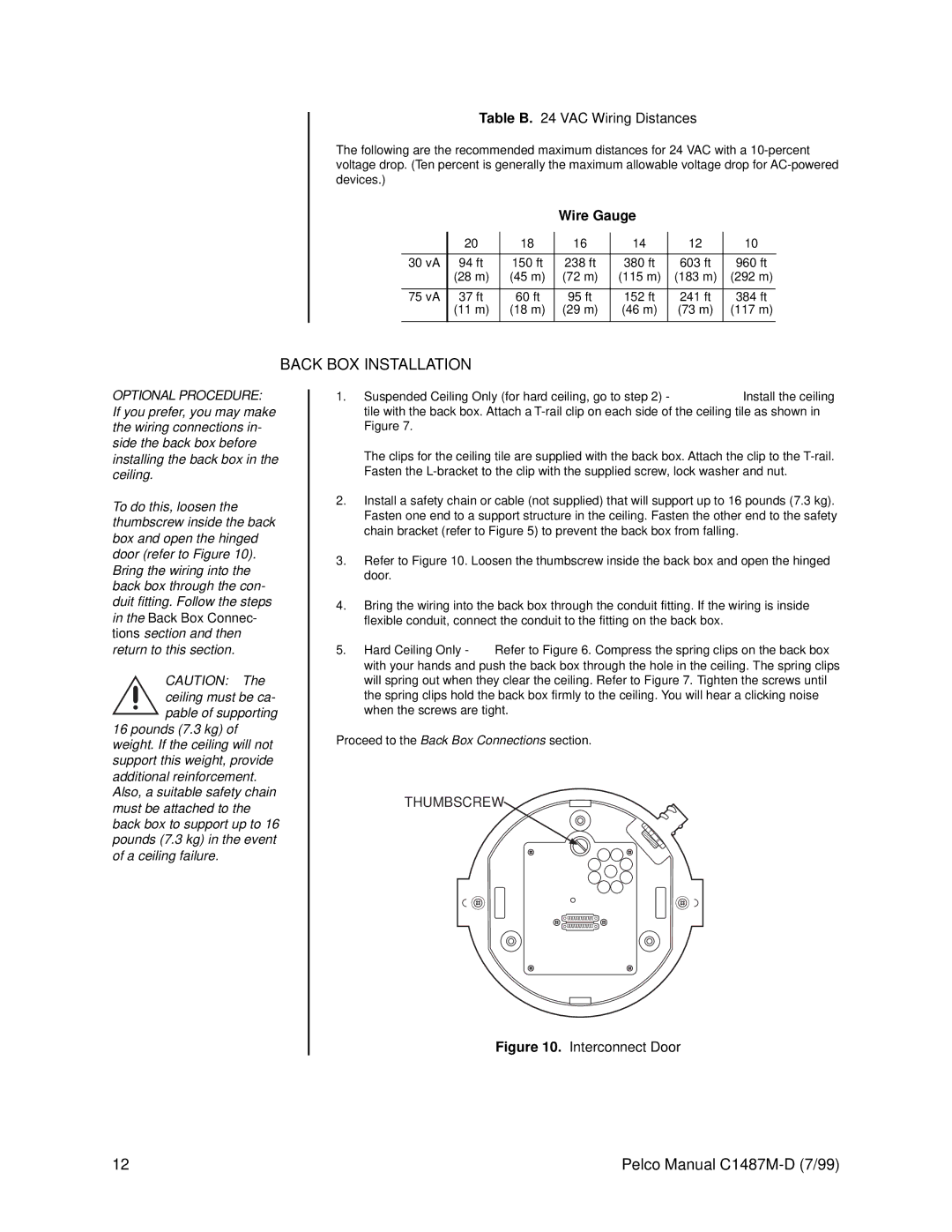 Pelco C1487M-D operation manual Back BOX Installation, Table B VAC Wiring Distances 