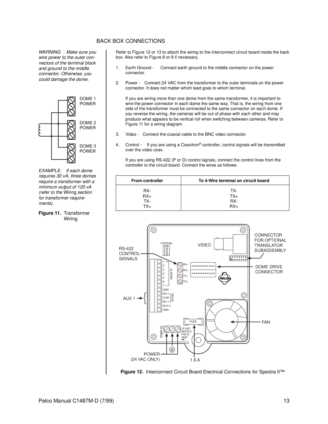 Pelco C1487M-D operation manual Back BOX Connections, From controller To 4-Wire terminal on circuit board 