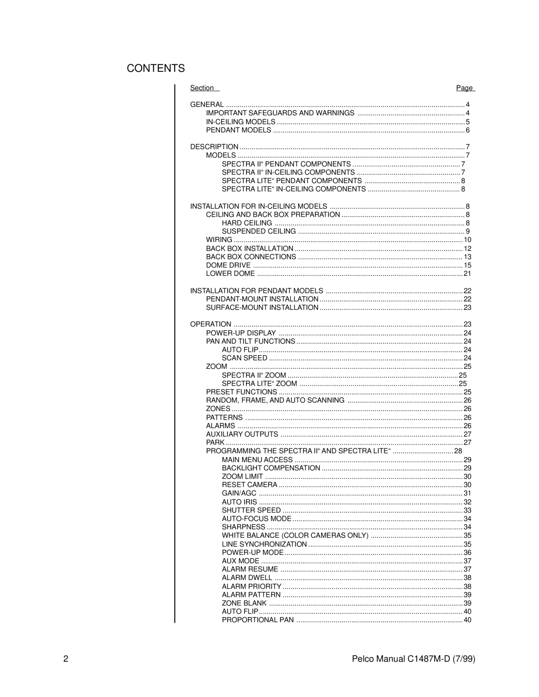 Pelco C1487M-D operation manual Contents 